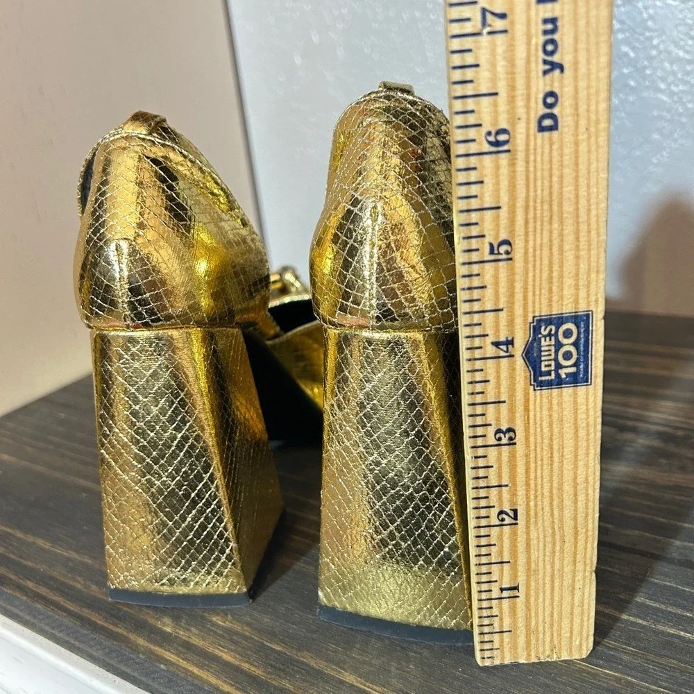 Gold Metallic Snakeskin Platform‎ Heels Tassel Square Toe Chunky Block Heel 5.5